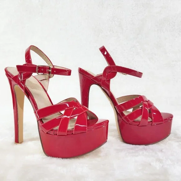 NIB Rihbah Red Patent Platform 6" Stiletto High Heels Ankle Strap Sandal Shoes - Picture 6 of 15